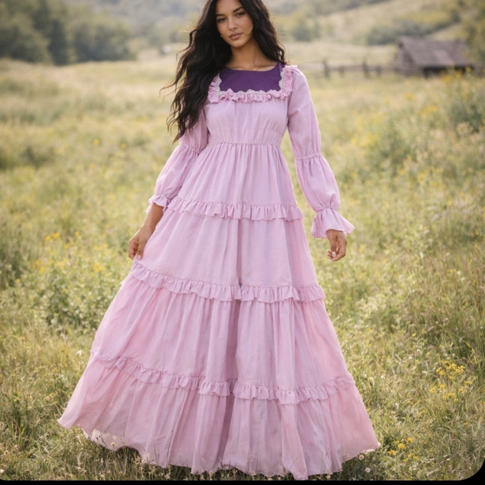 Ruffle Tiered Lilac Prairie Dress Romantic Milkmaid Flowy Feminine Fairycore XL
